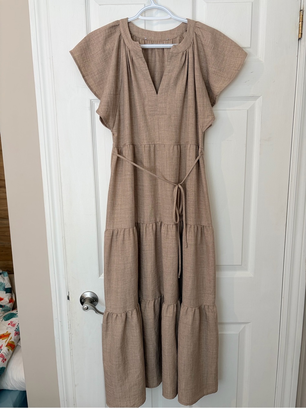 Neutral Tiered Maxi Dress with Self-Tie Waist - Taupe